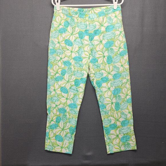 Lilly Pulitzer Pants Womens 10 Green Blue Capri Floral Stretch Cotton Cropped - Picture 1 of 10